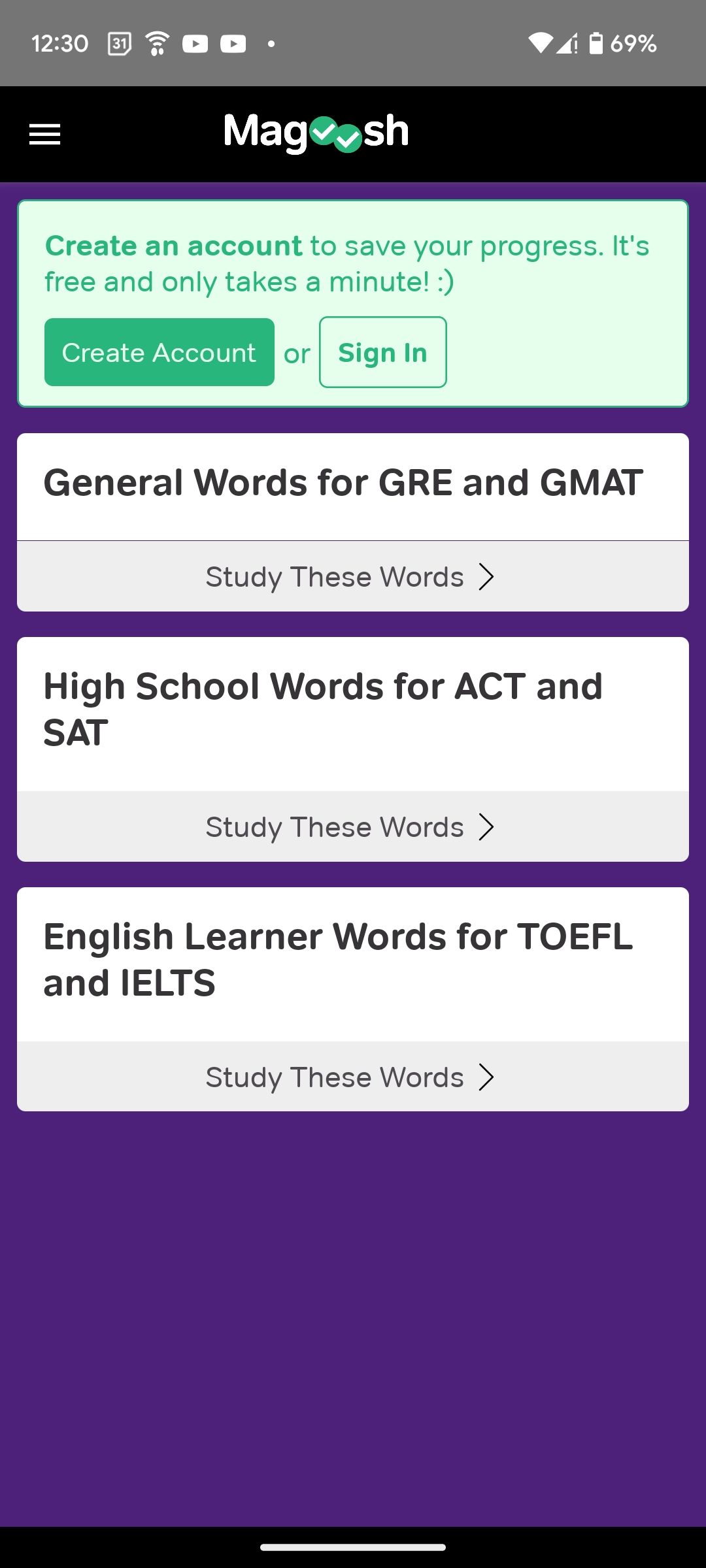 Vocabulary Builder learning options in the app's home page