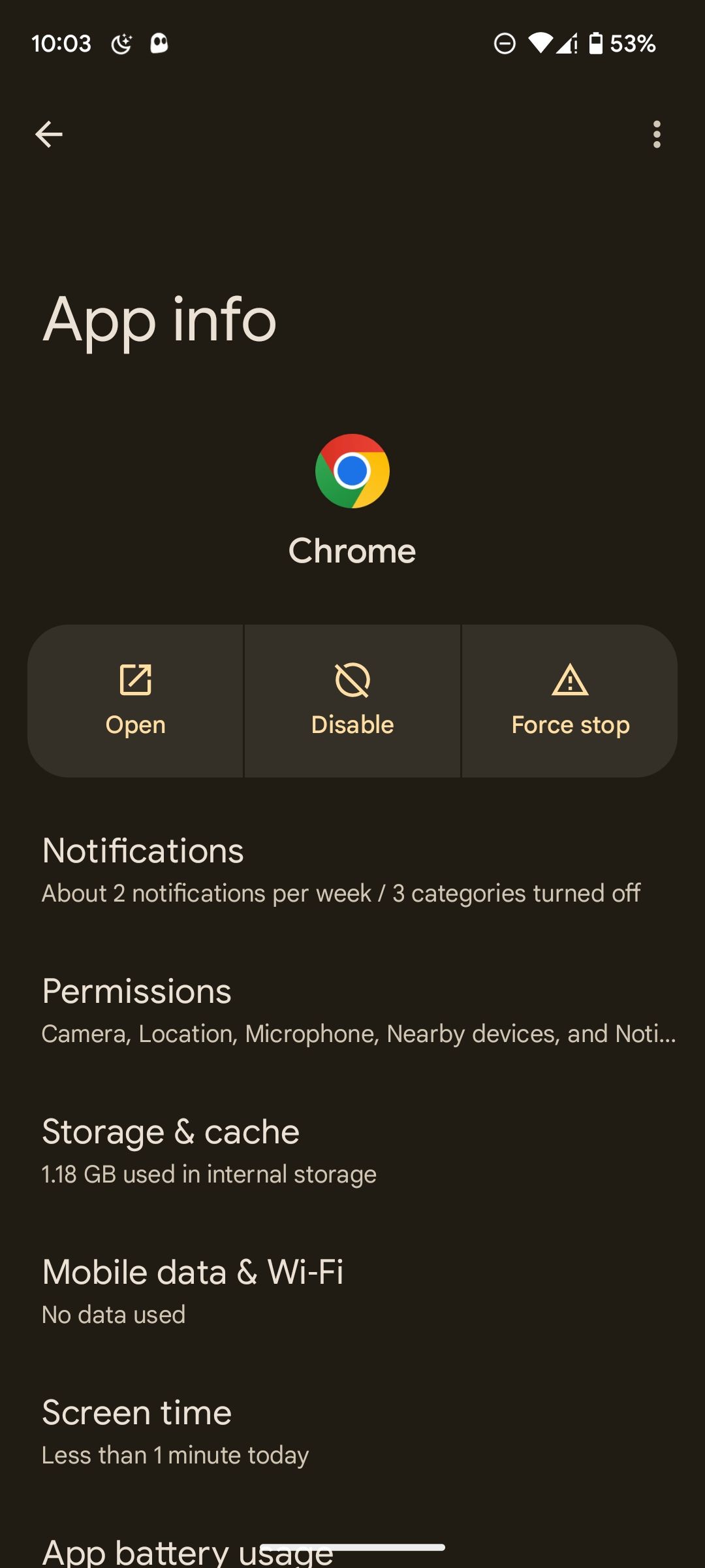 صفحه اطلاعات برنامه Chrome در Android