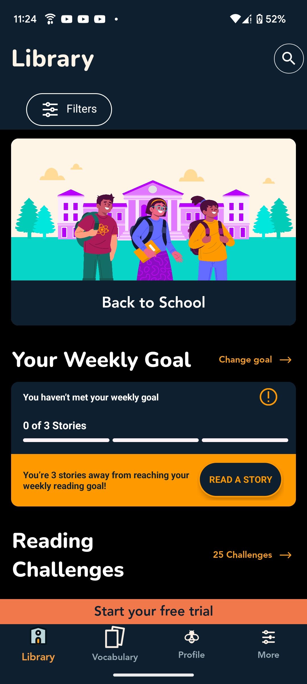 Beelinguapp home screen showing weekly goal and reading challenges