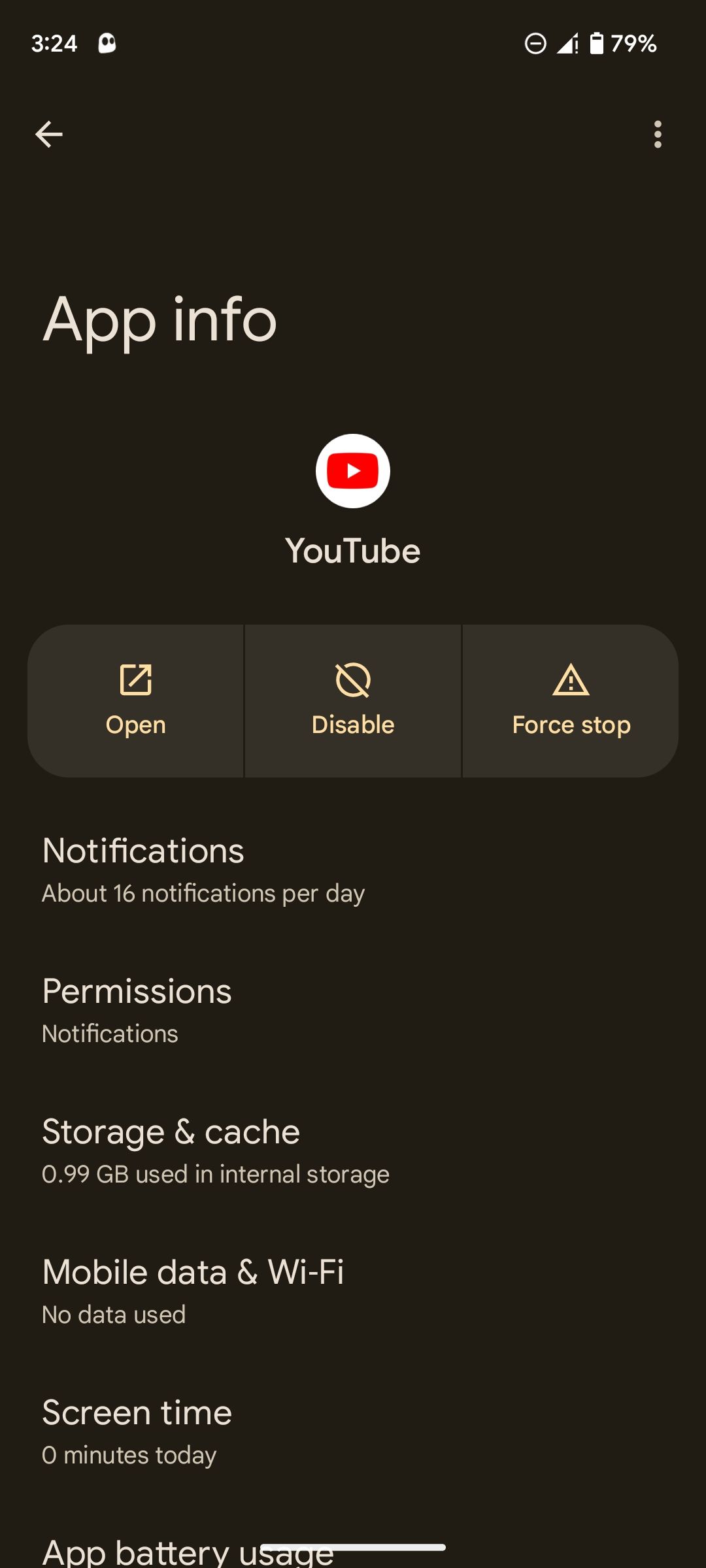 Página de informações do aplicativo do YouTube no Android
