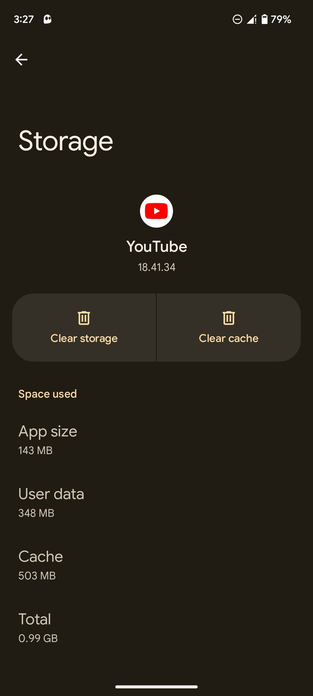 Page permettant de vider le stockage et le cache YouTube