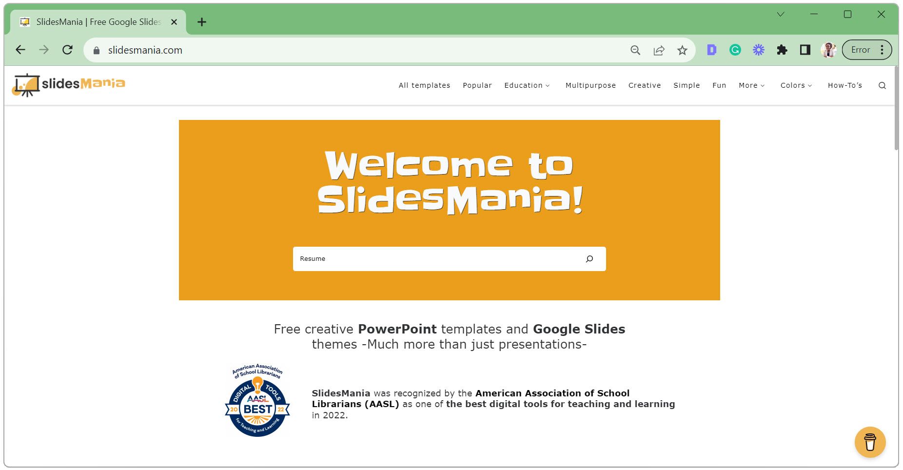 Enter Resume in the search bar of SlidesMania