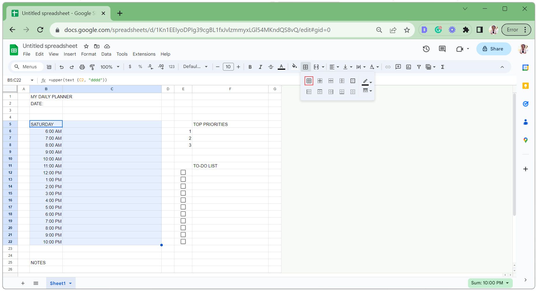 Aplicar todos los bordes a la sección de programación del planificador digital de Google Sheets
