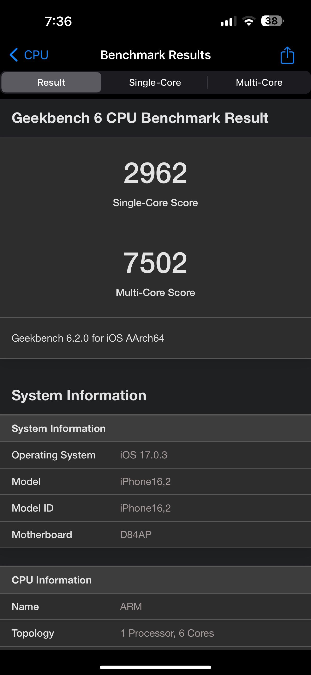 15 Pro Max Geekbench CPU results