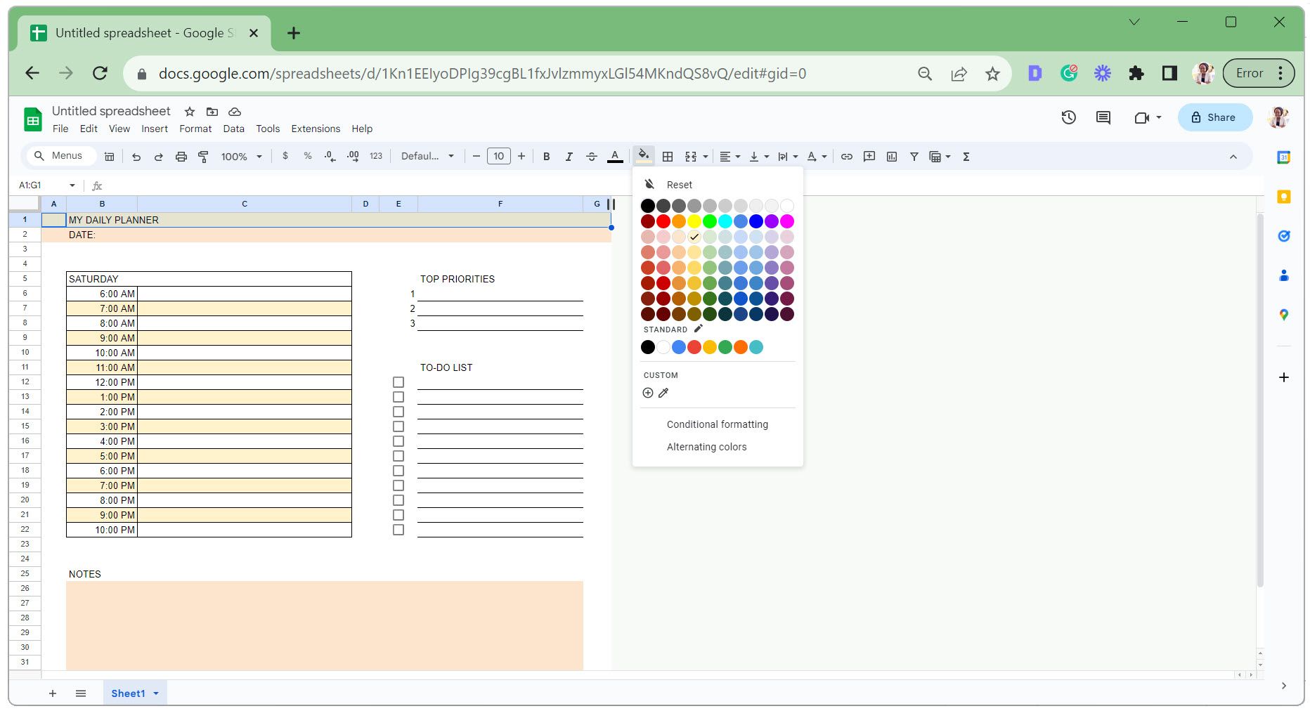 Celdas de color en el planificador digital de Google Sheets