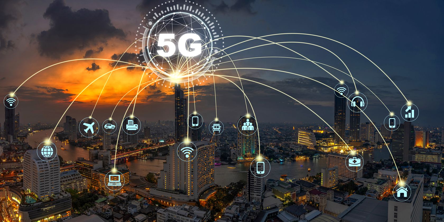 5g symbol broadcasting to devices across a city scape