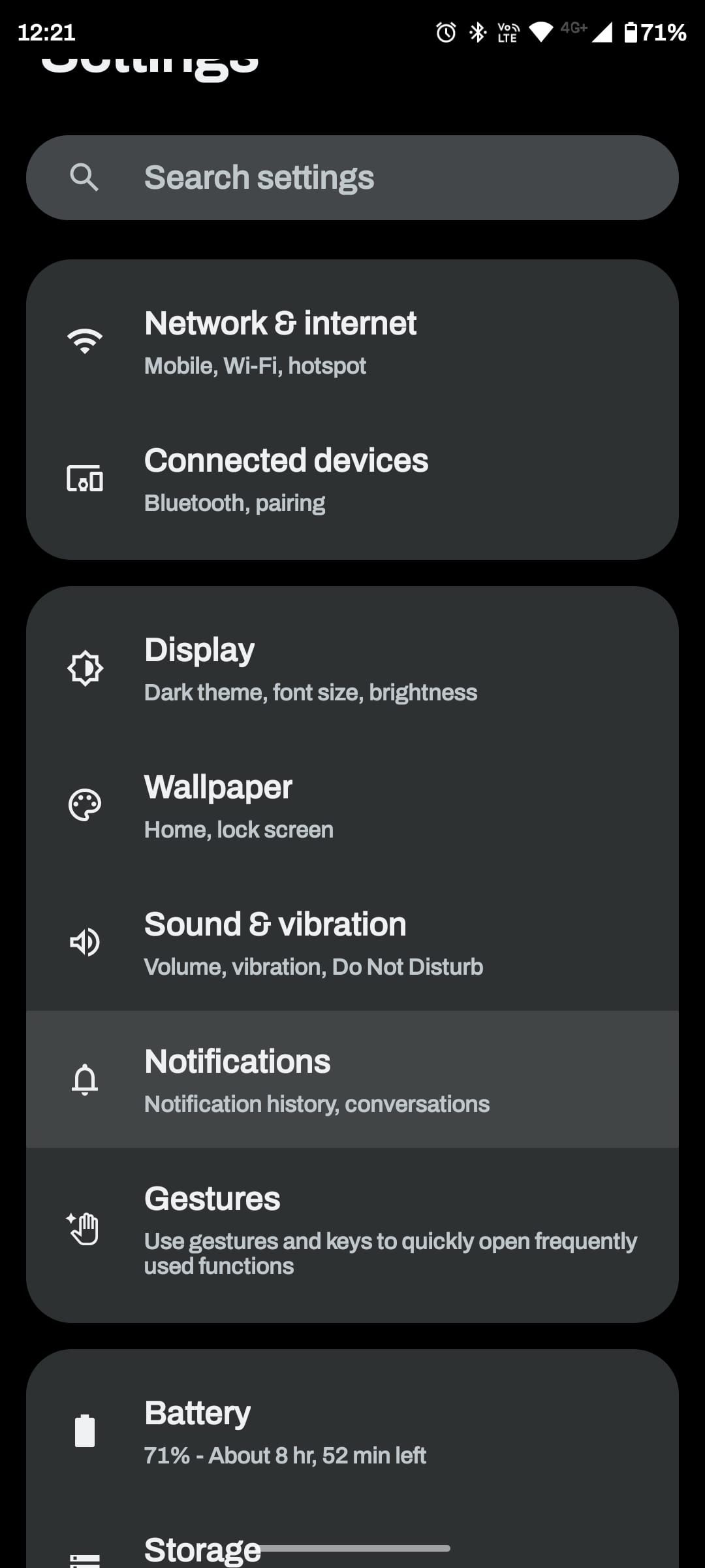 Notifications highlighted in settings menu
