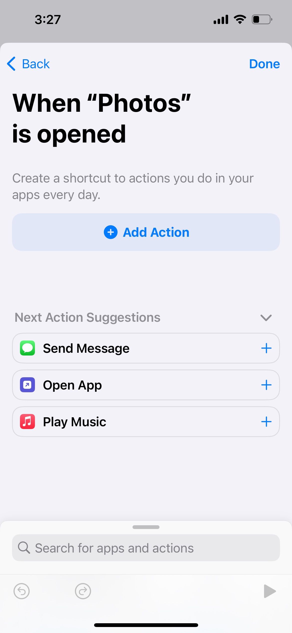 add action to automation in iphone shortcuts app