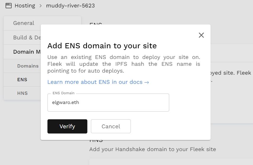 اسکرین شات از Fleek - پیوند دامنه ENS را اضافه کنید