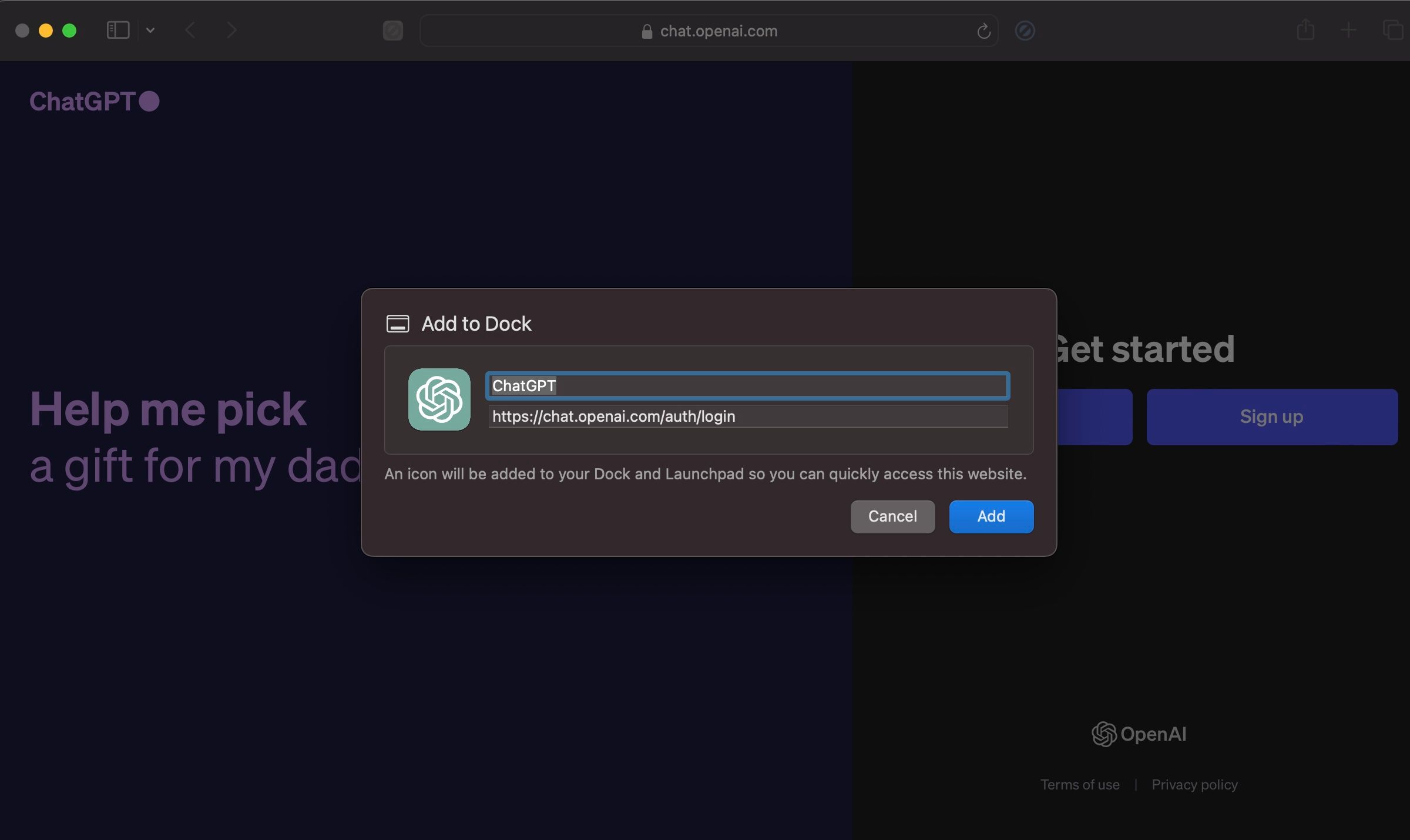 افزودن برنامه وب ChatGPT به داک با استفاده از سافاری