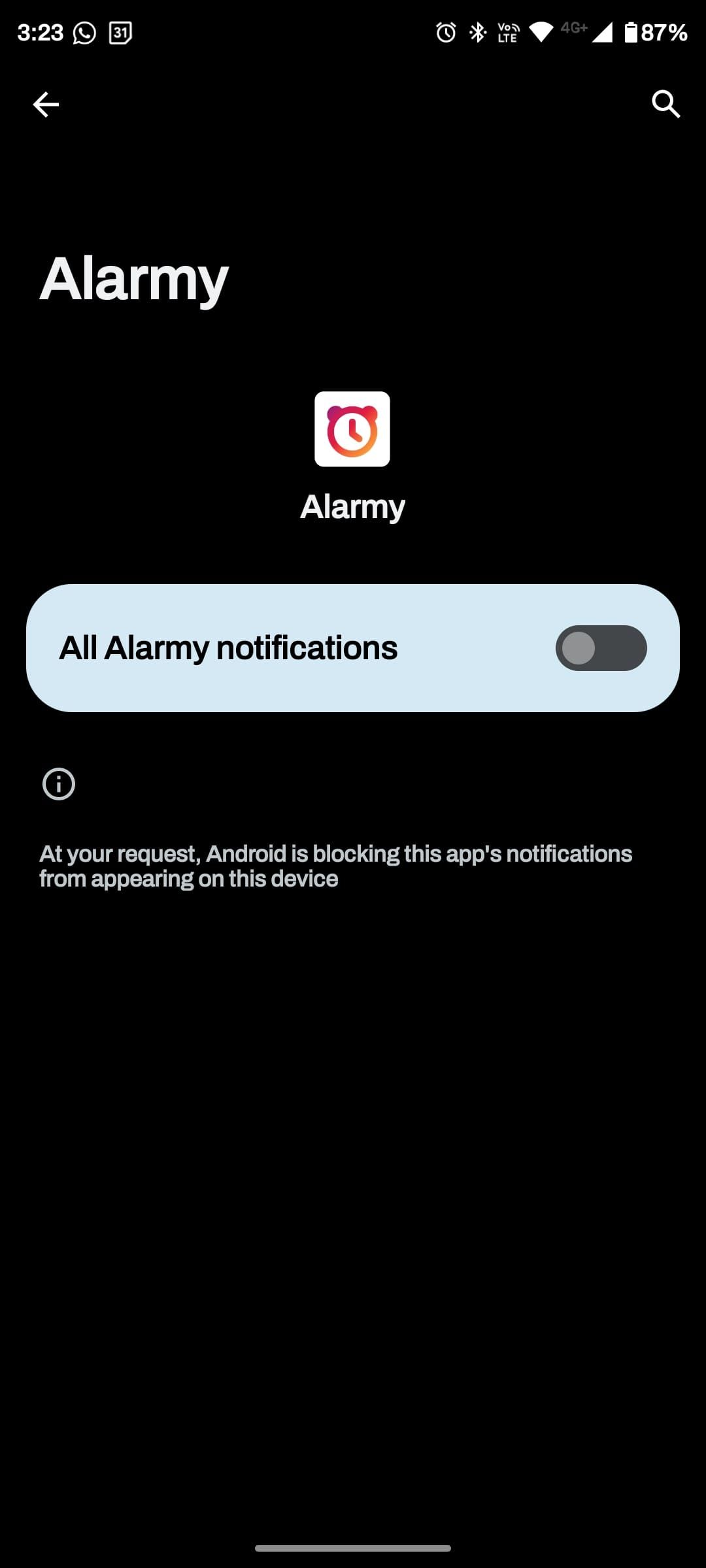 Alarmy app notifications toggled off