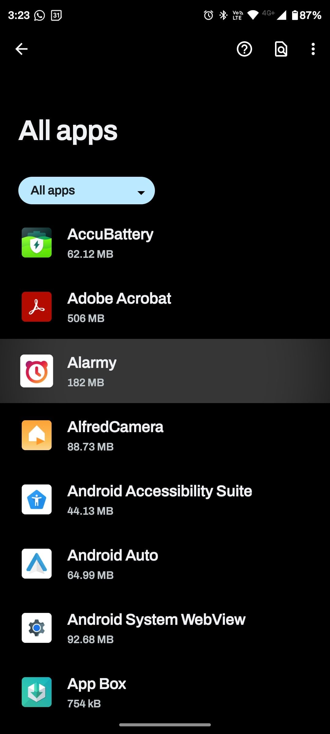 All apps list with Alarmy highlighted