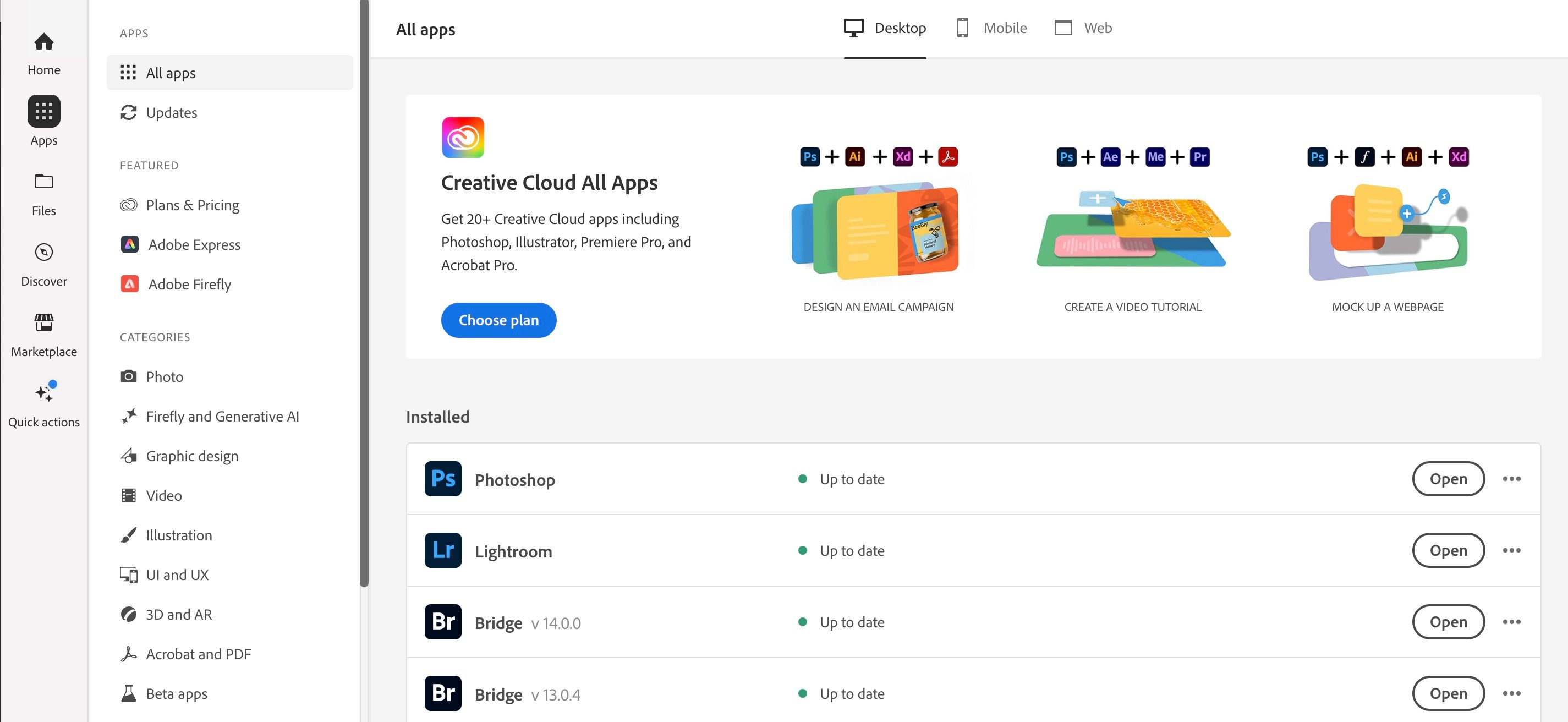 برگه همه برنامه ها در برنامه Adobe CC