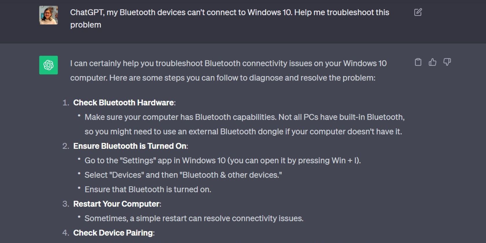 ChatGPT gives tips on troubleshooting Bluetooth connectivity