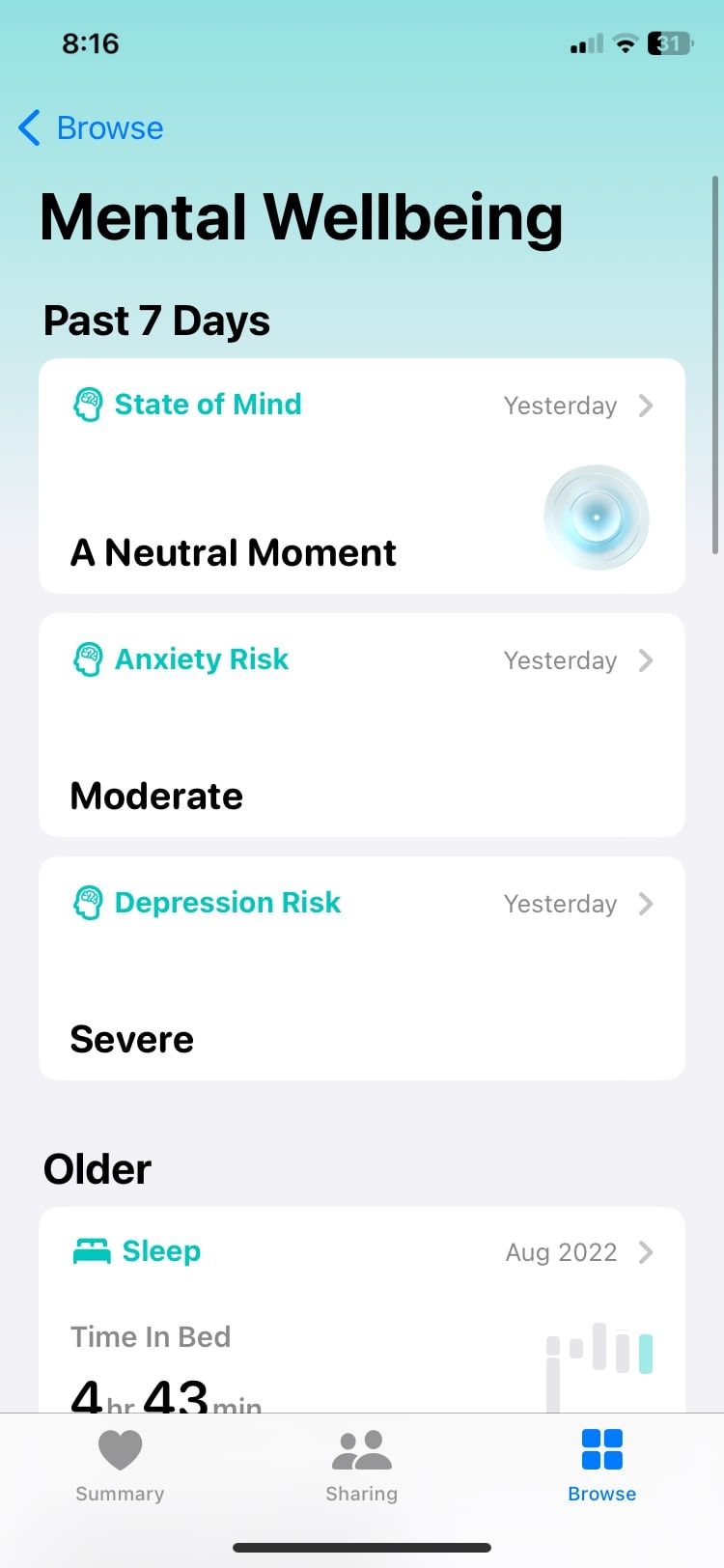 ردیاب خطر اضطراب و افسردگی در بخش سلامت روانی برنامه Apple Health