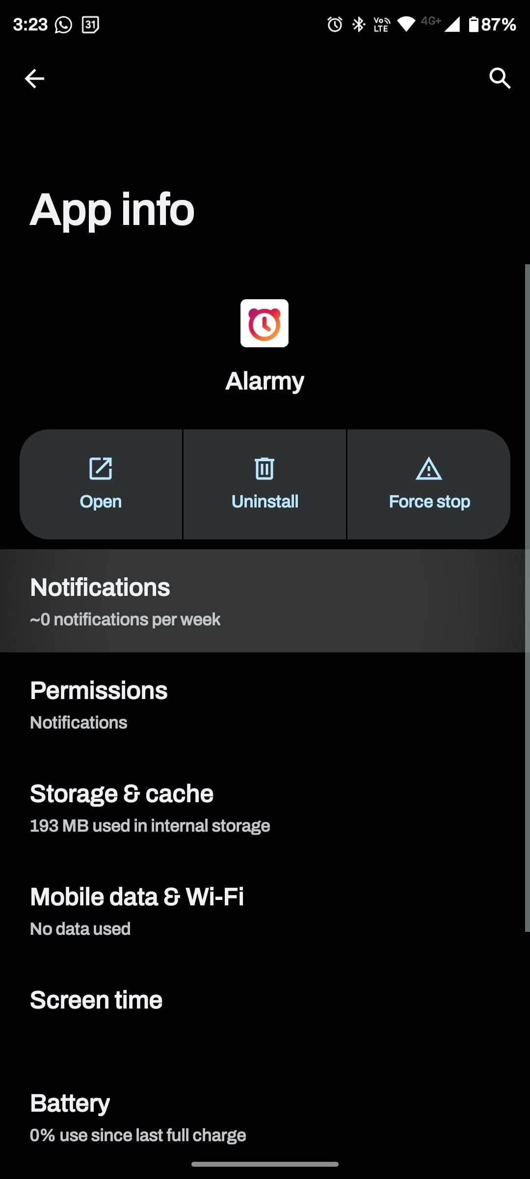 App info page for Alarmy with Notifications option highlighted