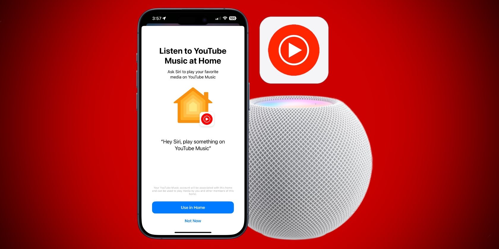 YouTube Music HomePod Integration Displayed on an iPhone next to a HomePod Mini on a Red Background