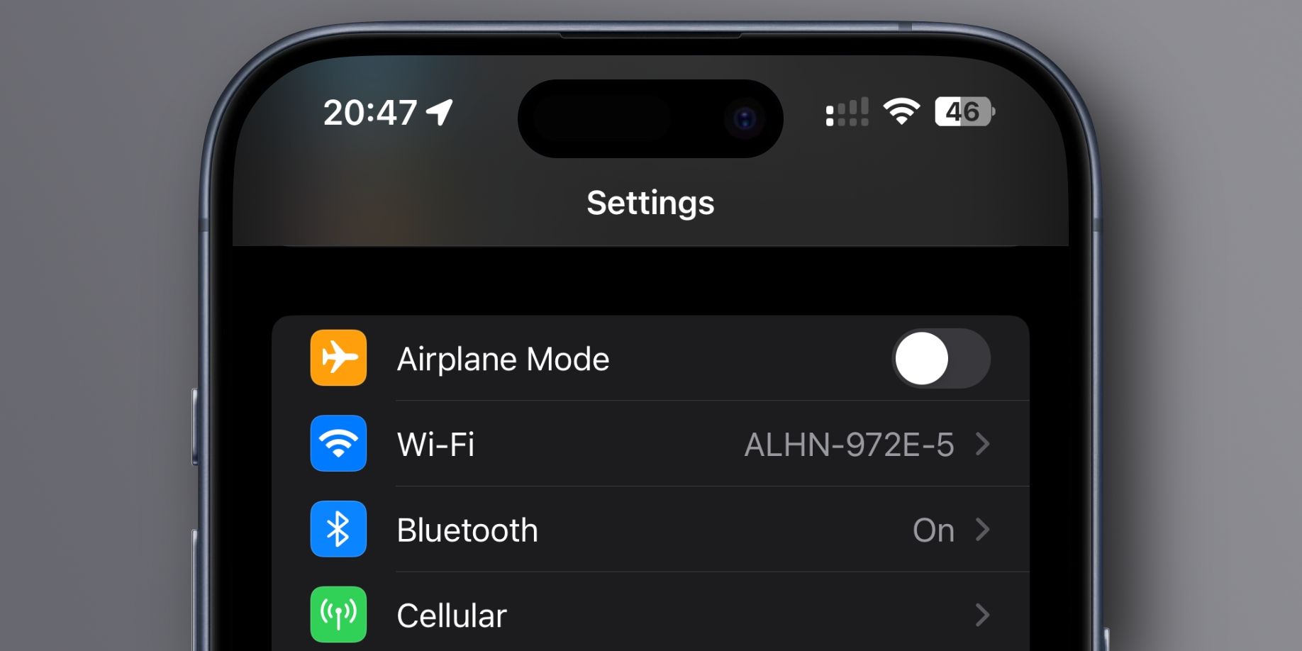 Closeup of iPhone's Settings app with Airplane Mode disabled