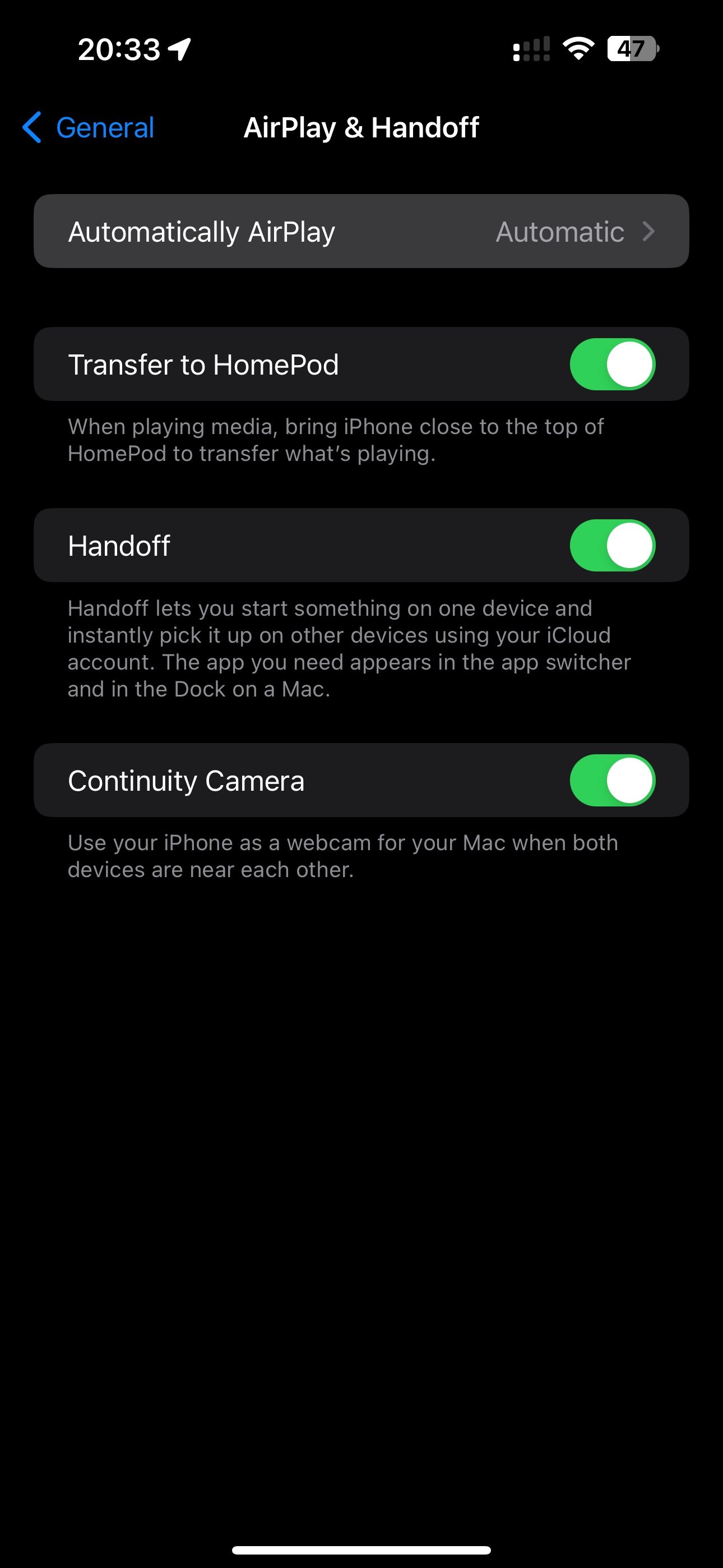 Apple iOS 17 Settings App Airplay and Handoff Section Automatically AirPlay Highlighted