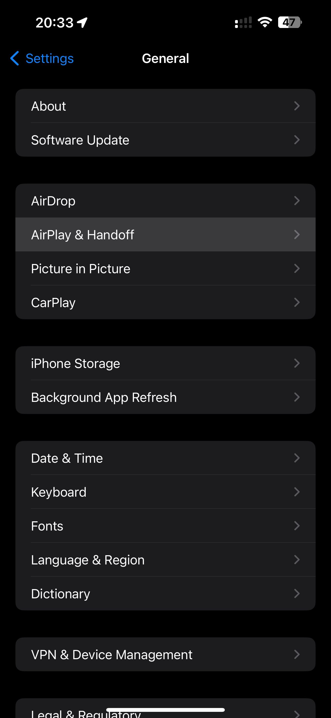 Apple iOS 17 Settings App Airplay and Handoff Section Highlighted