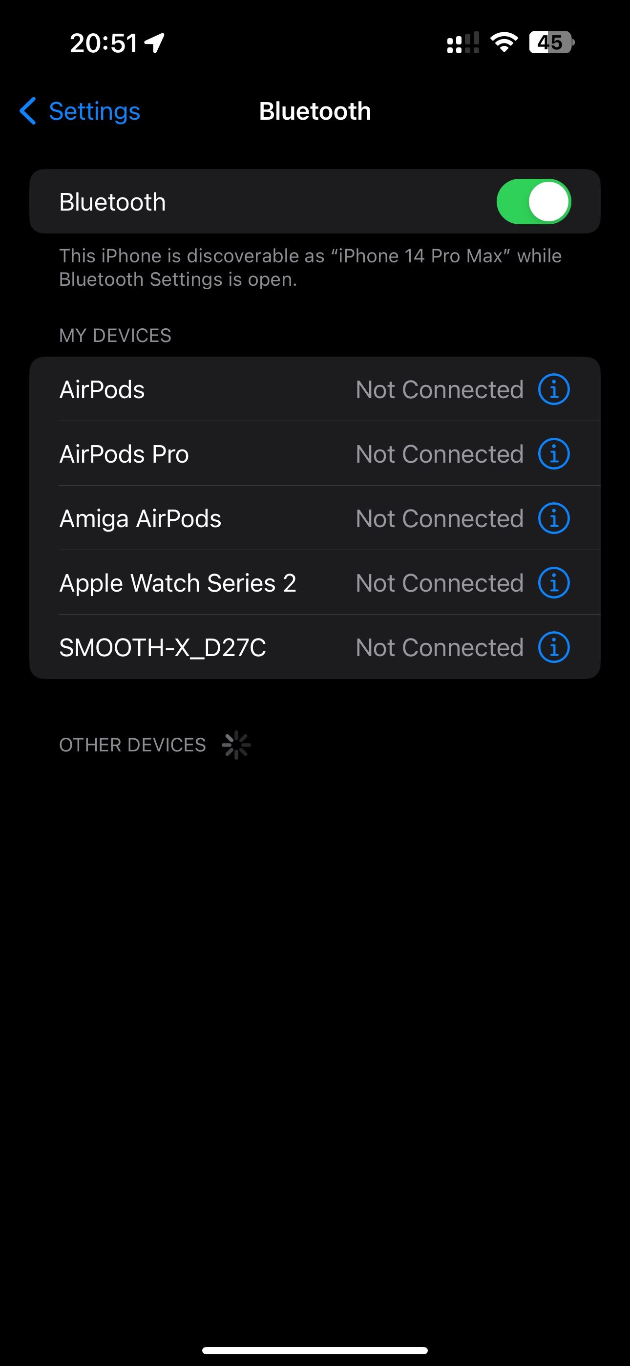 iOS 17 Settings with Bluetooth enabled