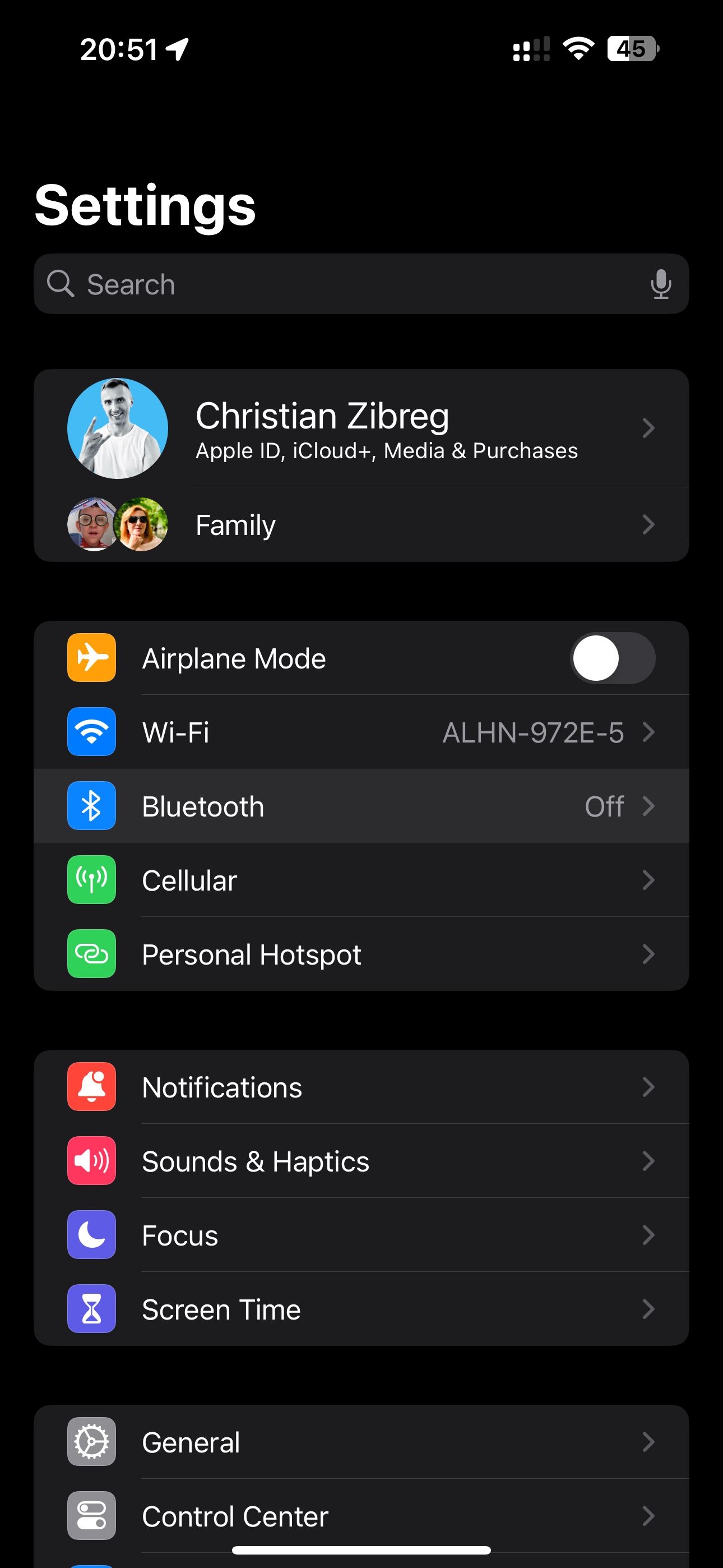 iOS 17 Settings with the Bluetooth section highlighted and disabled