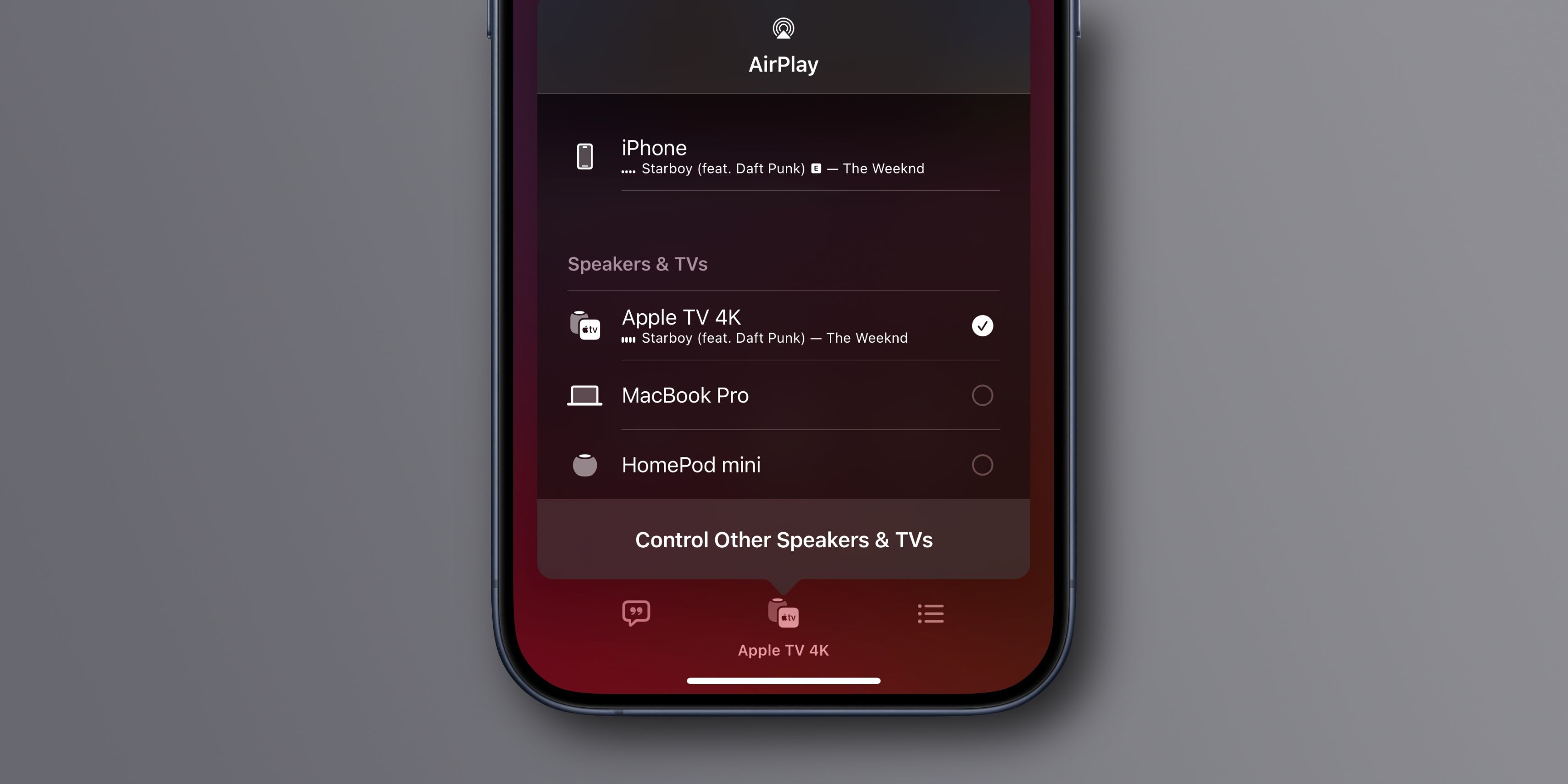 AirPlay menu on iPhone 15 Pro Max listing nearby devices