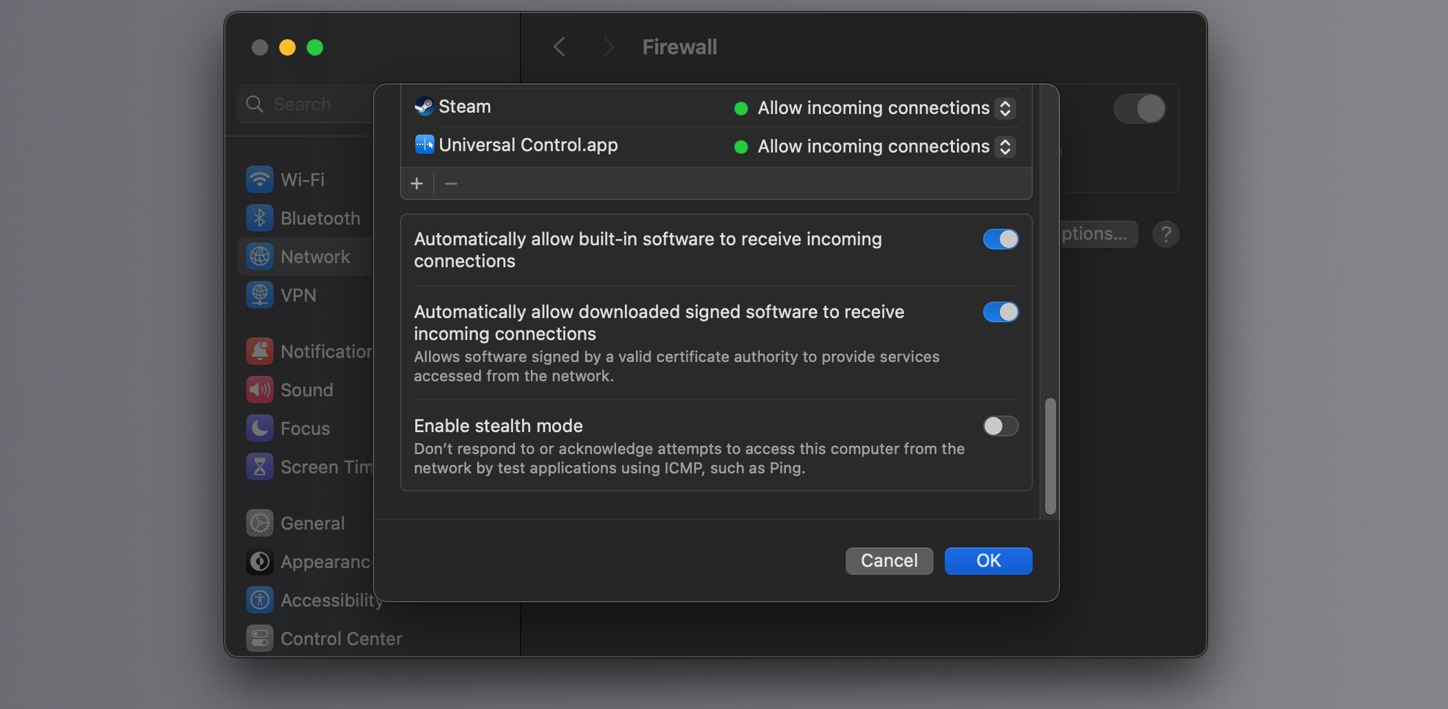 Firewall settings on macOS Sonoma with the option to allow signed software enabled