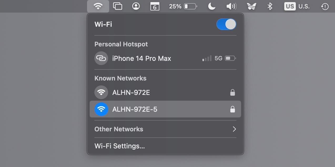 macOS menu bar with the Wi-Fi menu showing the current network name