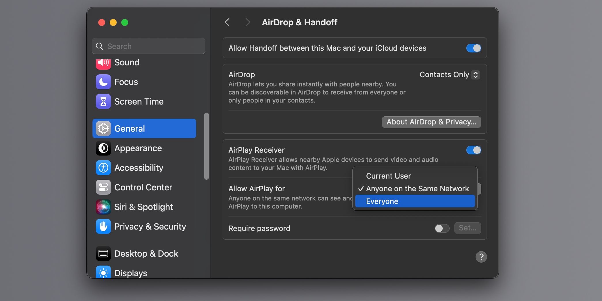 System Settings on macOS Sonoma displaying the Allow AirPlay for everyone option