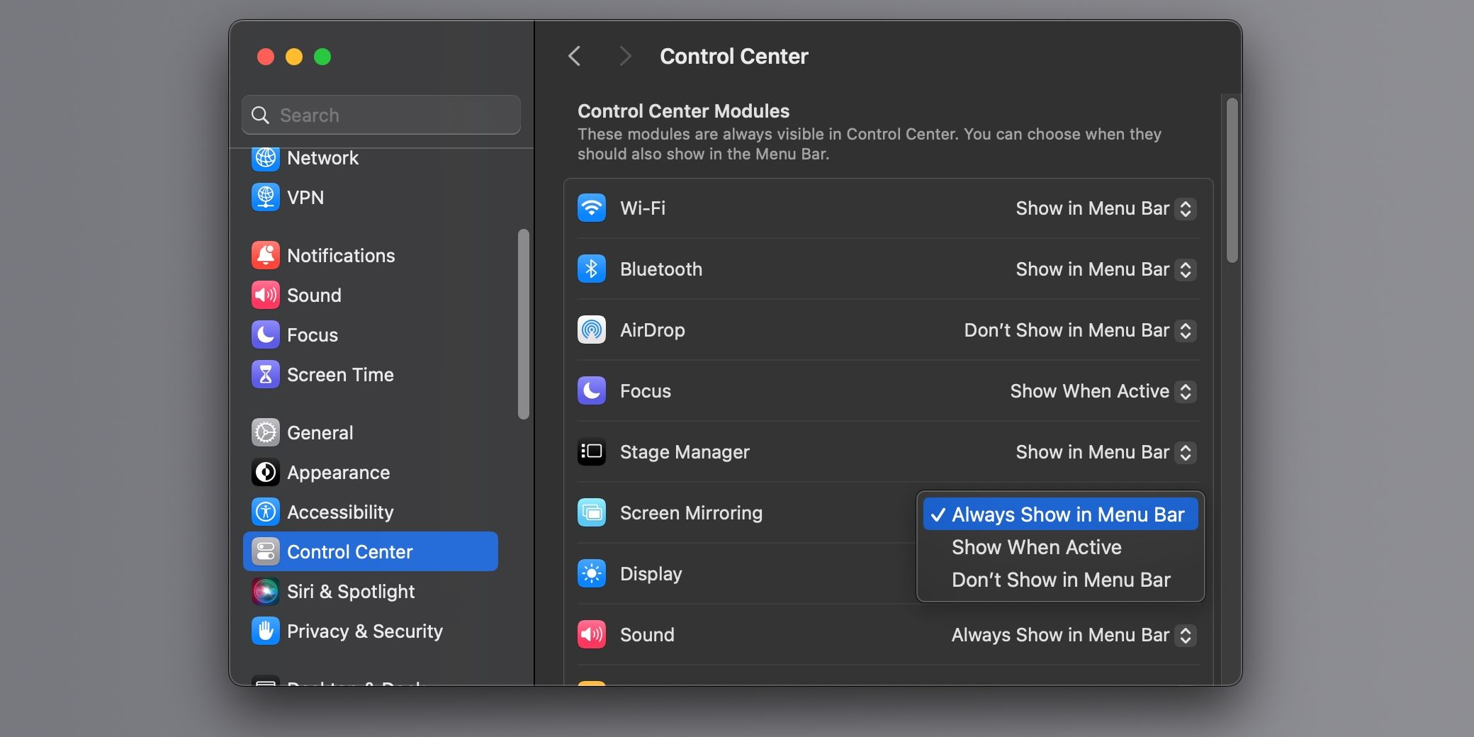 macOS Control Center settings with the option to always show Screen Mirroring in the menu bar enabled