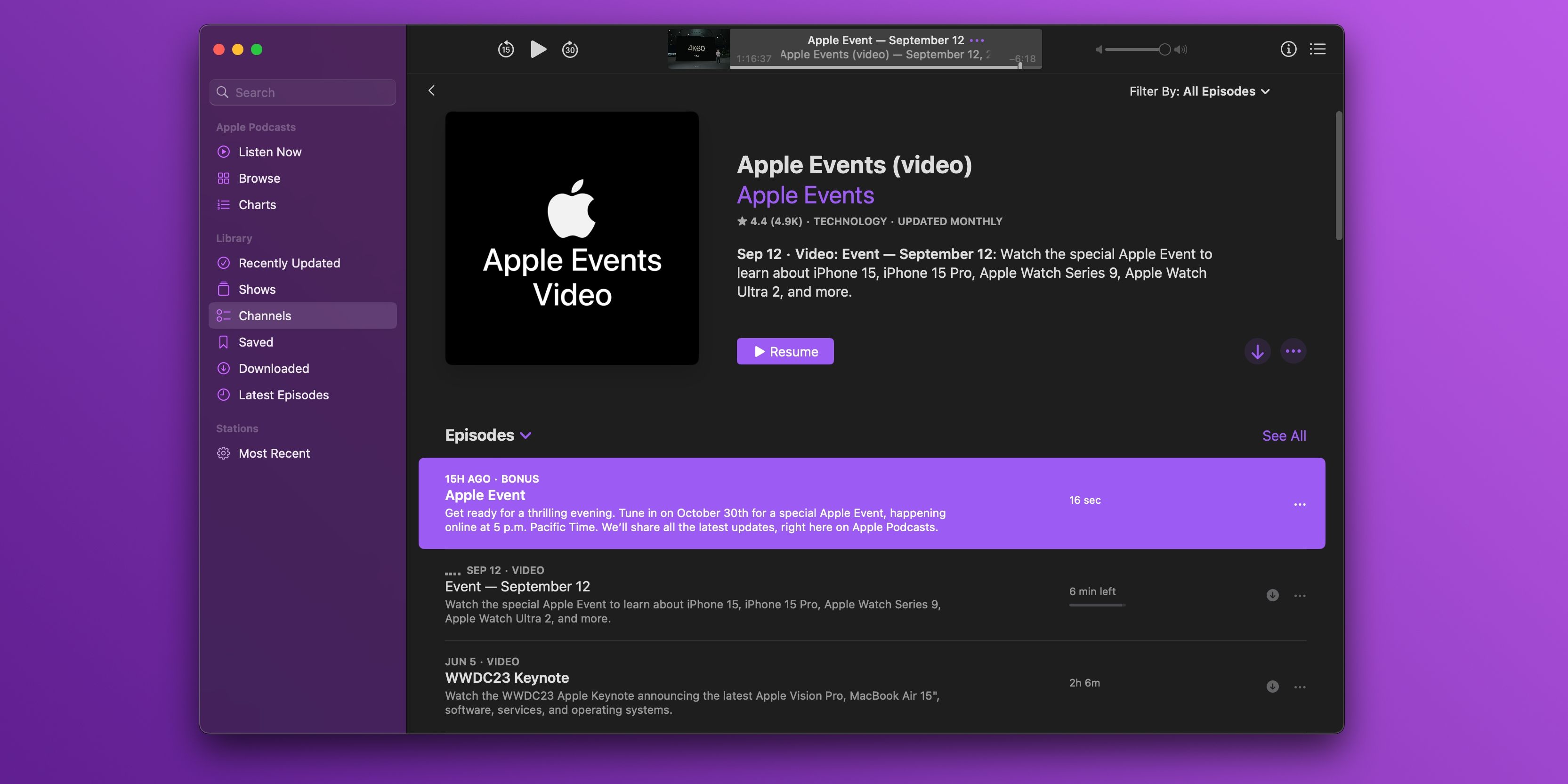 پادکست های اپل در مک که کانال پادکست Apple Events (ویدئو) را نشان می دهد