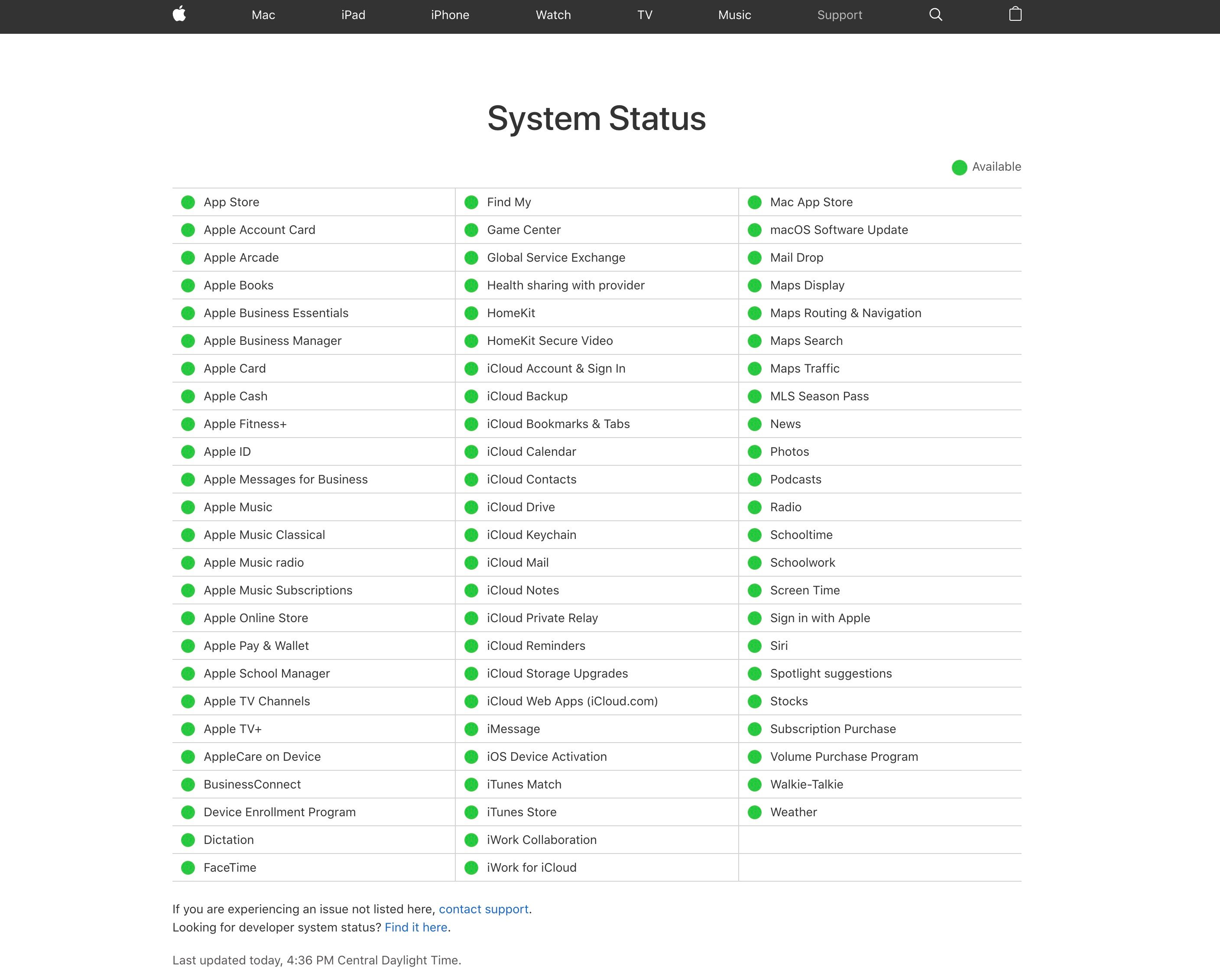 Apple System Status Page all green