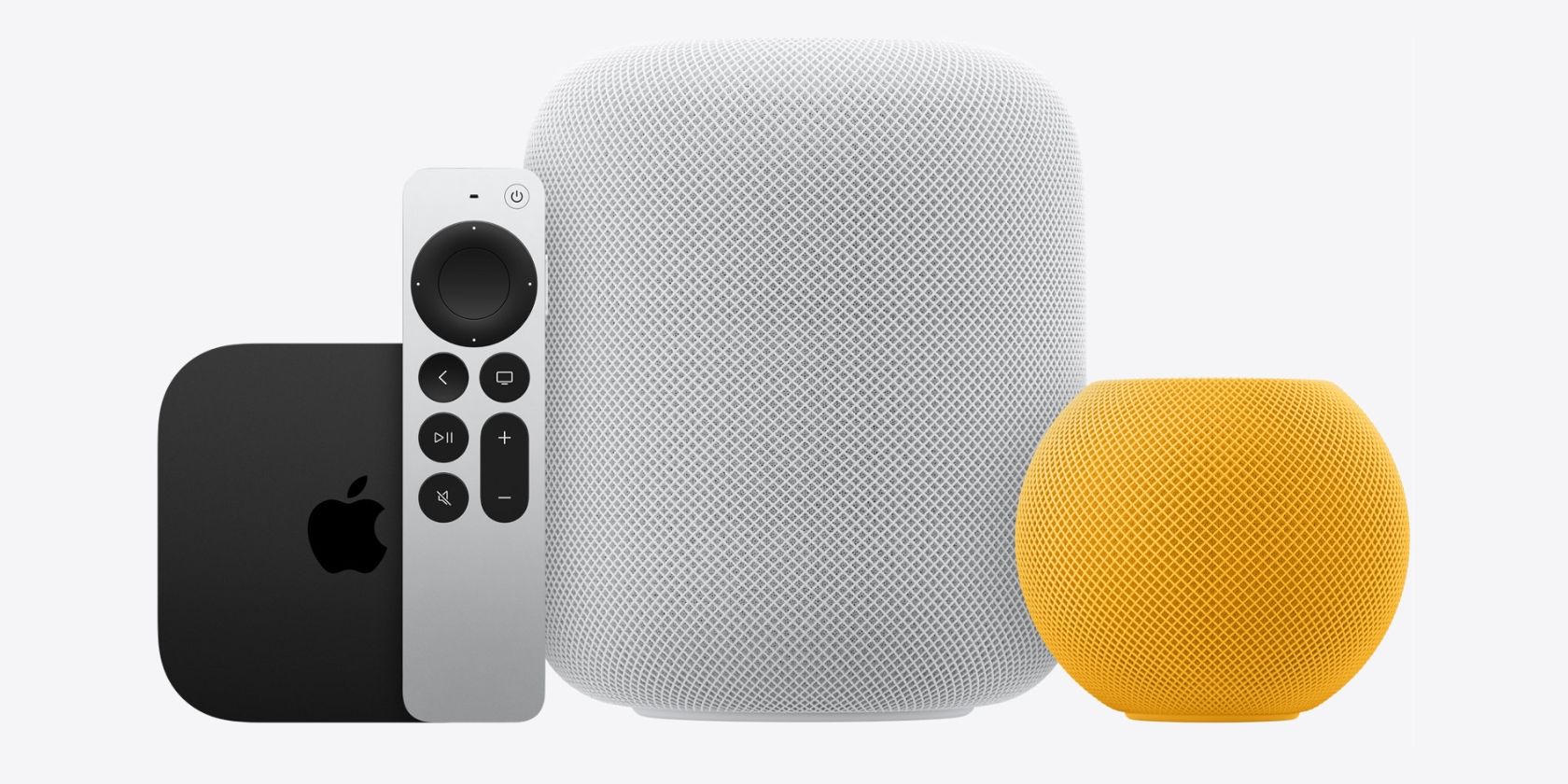 Apple TV 4K next to a White HomePod and Yellow HomePod Mini