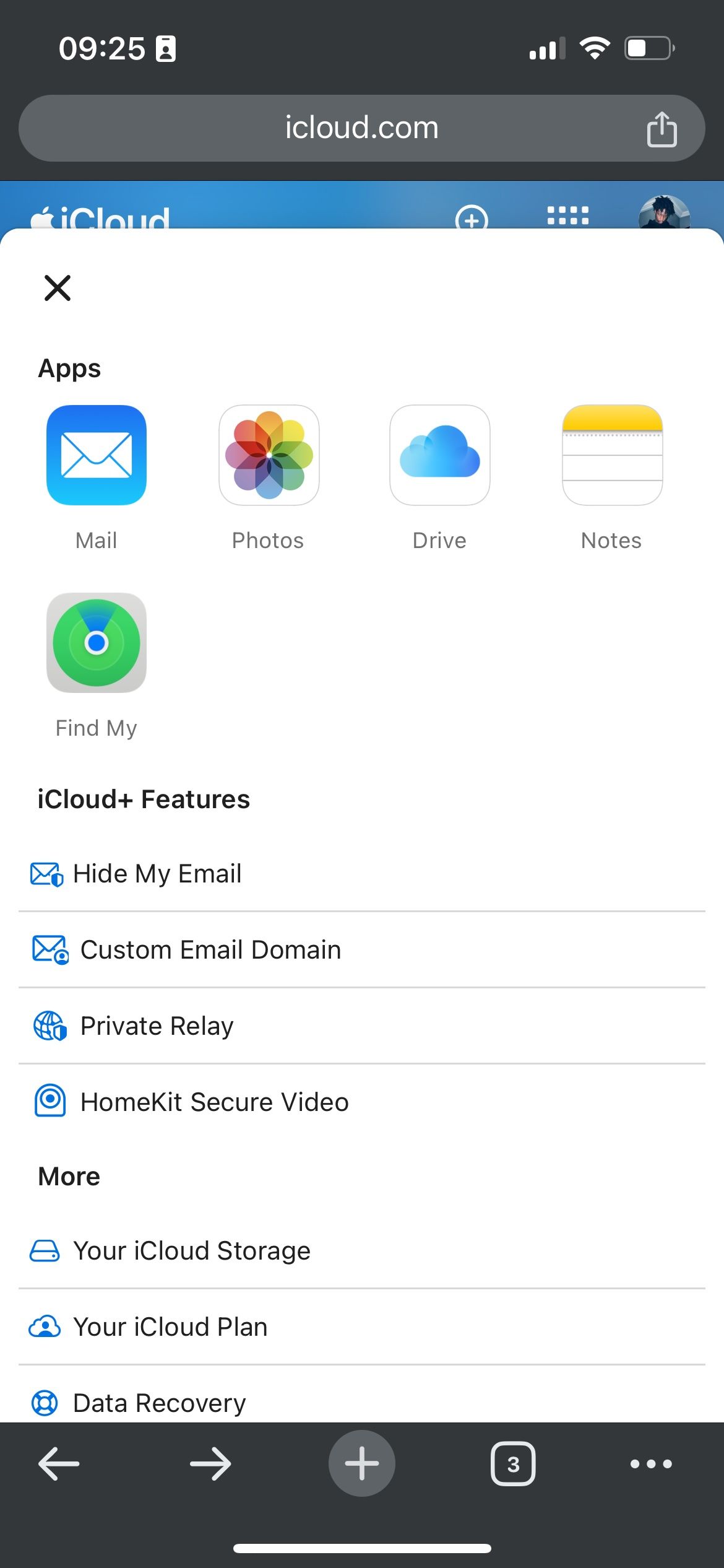 Apps menu on iCloud web