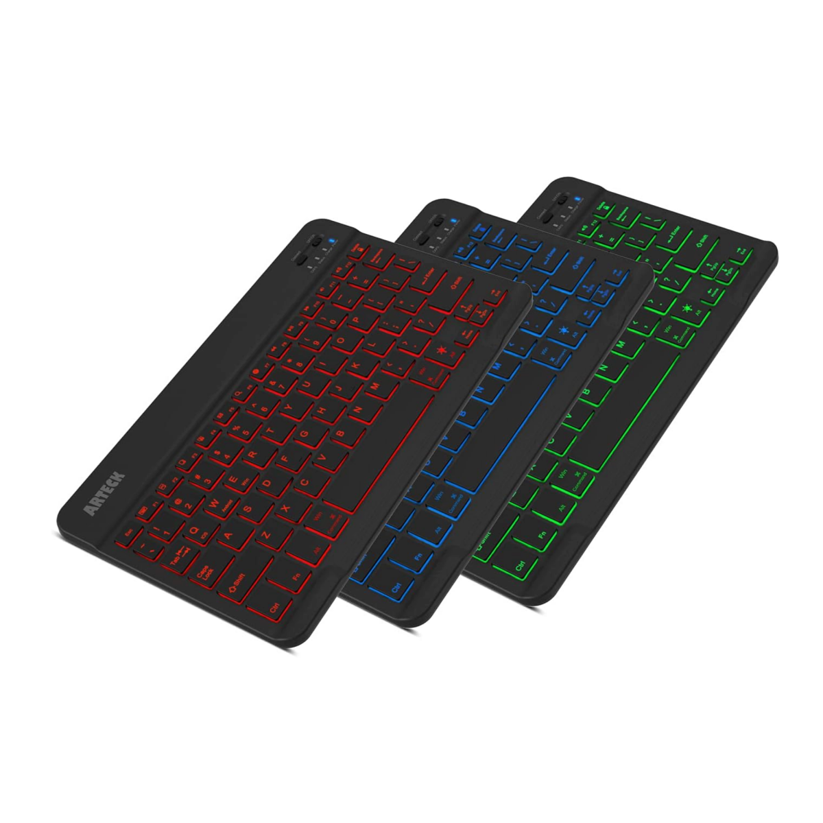 Three Arteck HB030B wireless keyboards with different colored backlights