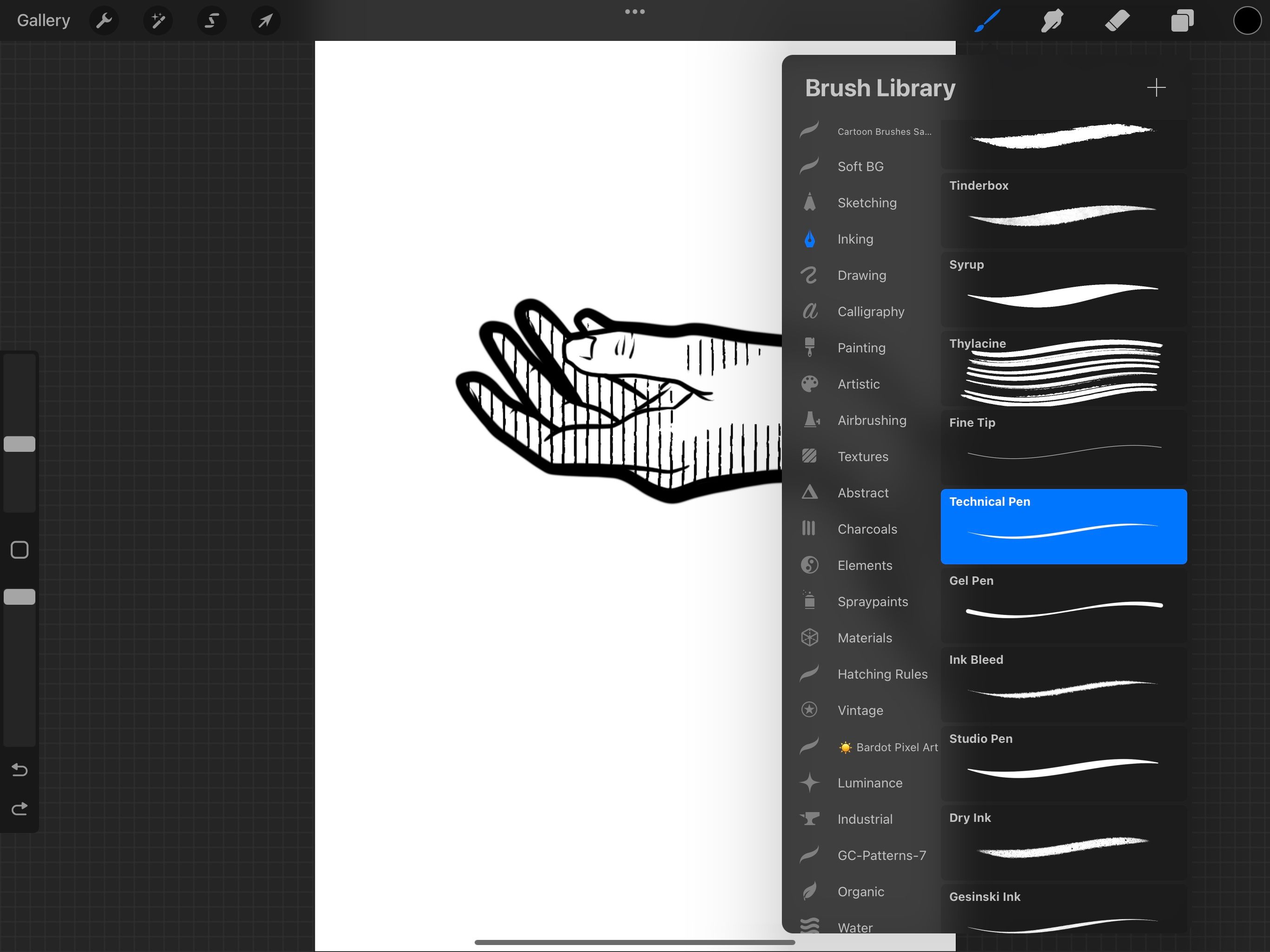 تصویری از یک دست در Procreate، با کادر کشویی براش باز در سمت راست صفحه.