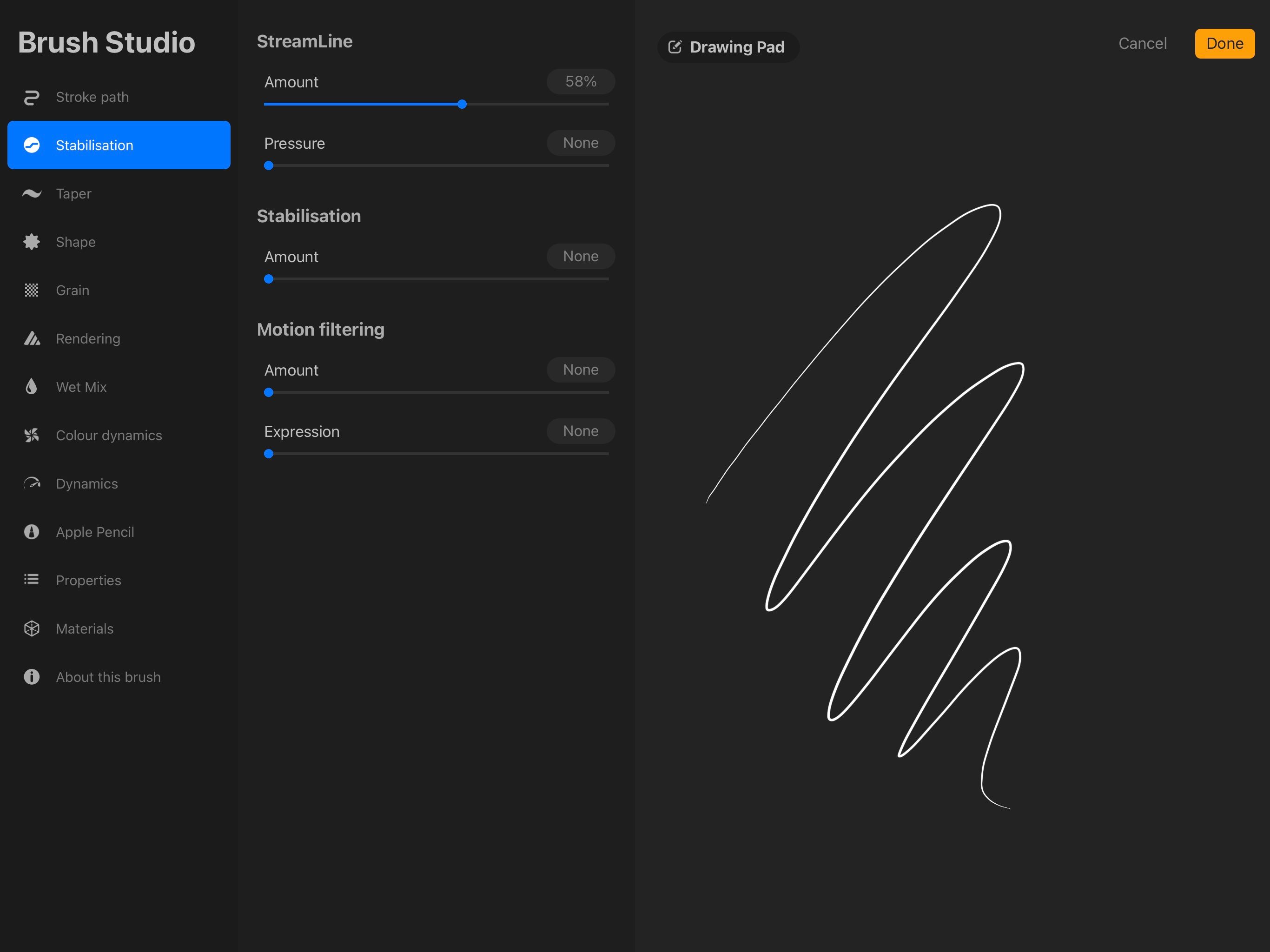 ابزار Procreate Brush Studio باز می شود، با تنظیم Streamline فعال شده و روی 58٪ تنظیم شده است.