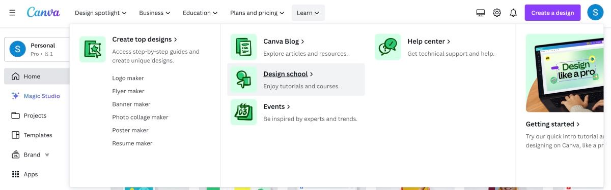 صفحه اصلی Canva با برگه Design School برجسته شده است