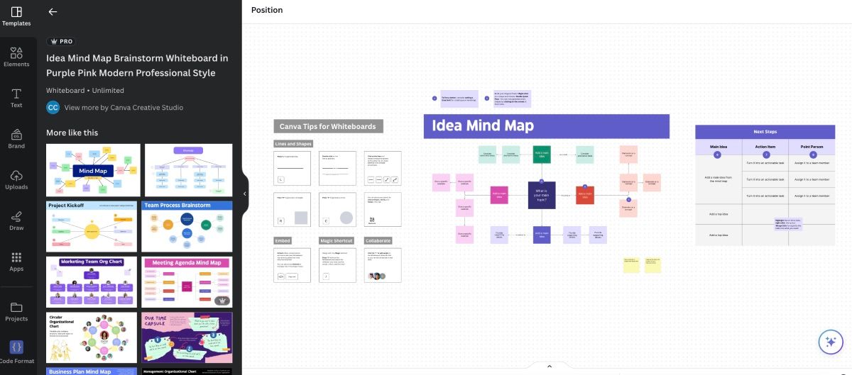Canva's whiteboard feature with a mindmap template on the canvas