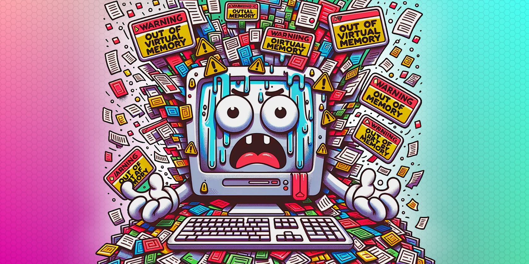 cartoon style computer showing virtual memory warnings on colorful background