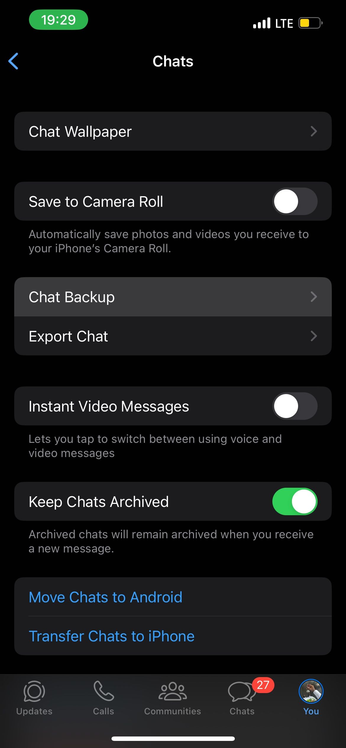 پنل چت در تنظیمات WhatsApp در iOS