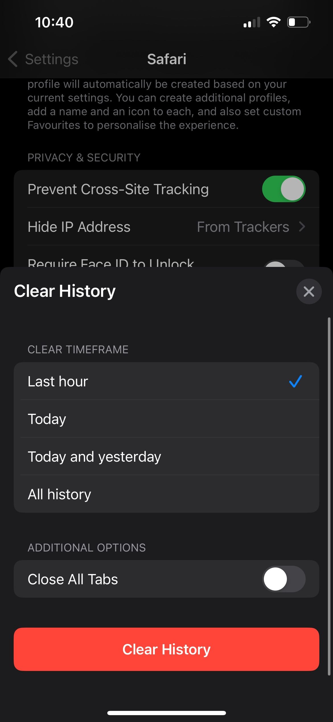 Clear Safari's history sub-window on iOS