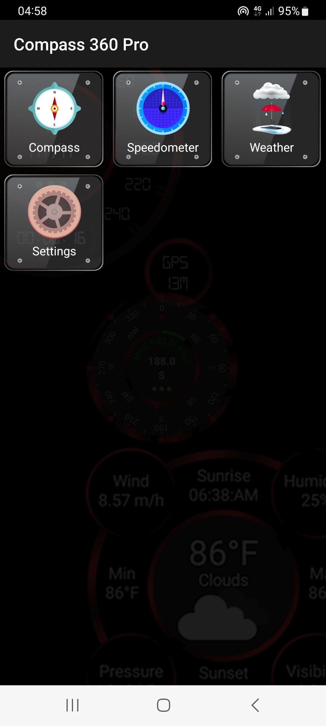 Compass 360 Pro's compass, speedometer, and weather tools
