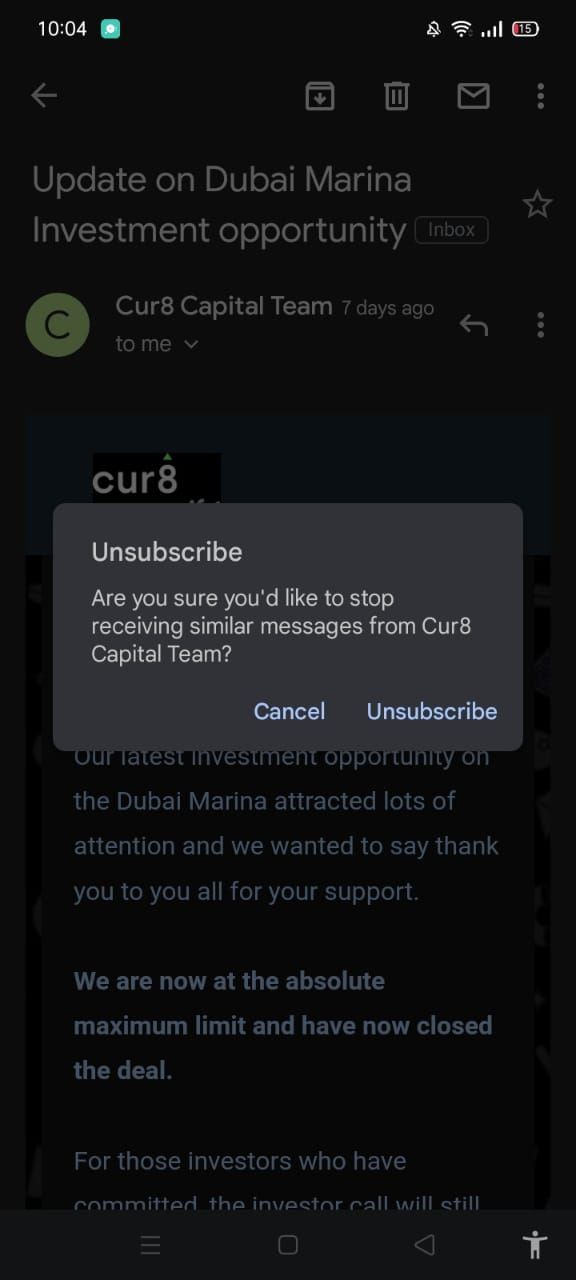 confirming the unsubscription to stop receiving emails from a newsletter in the gmail app