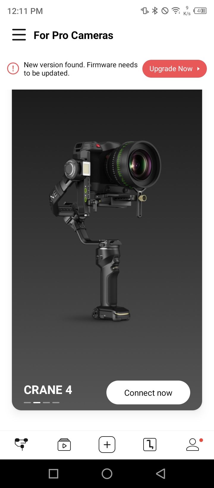 Crane 4 ZY app connection screen with firmware update alert
