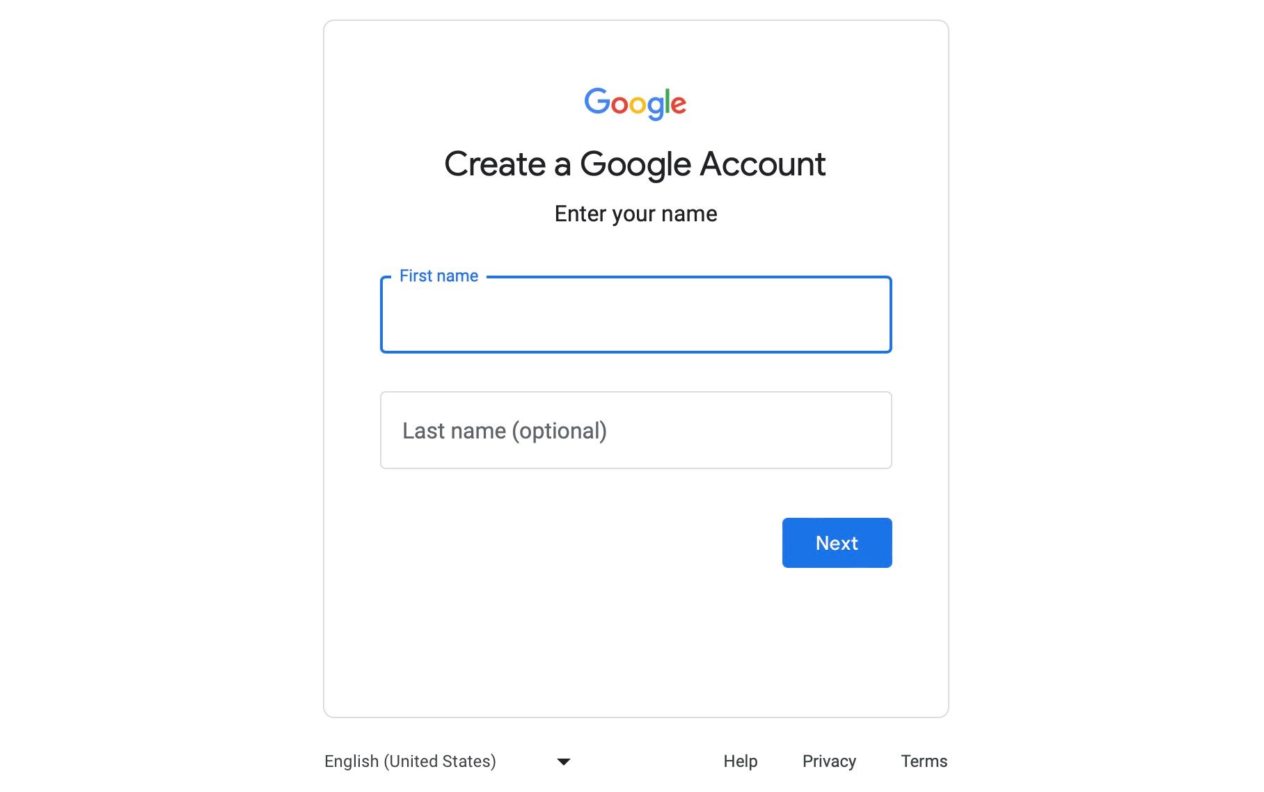formularul de creare a contului Google