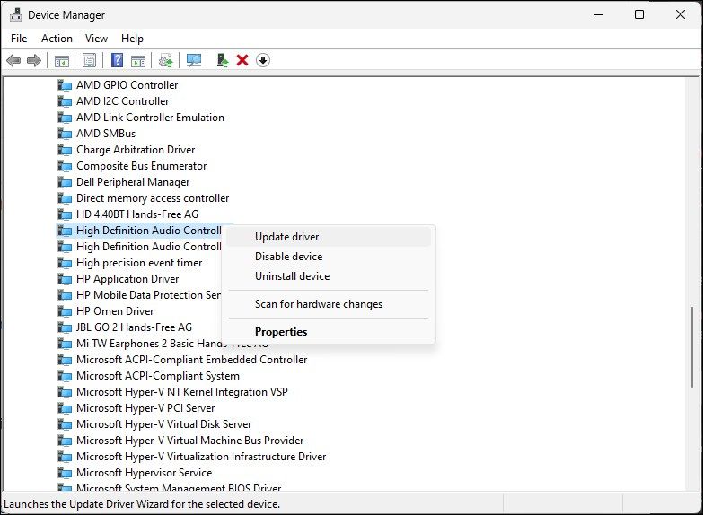 device manager high definition audio controller system device update driver