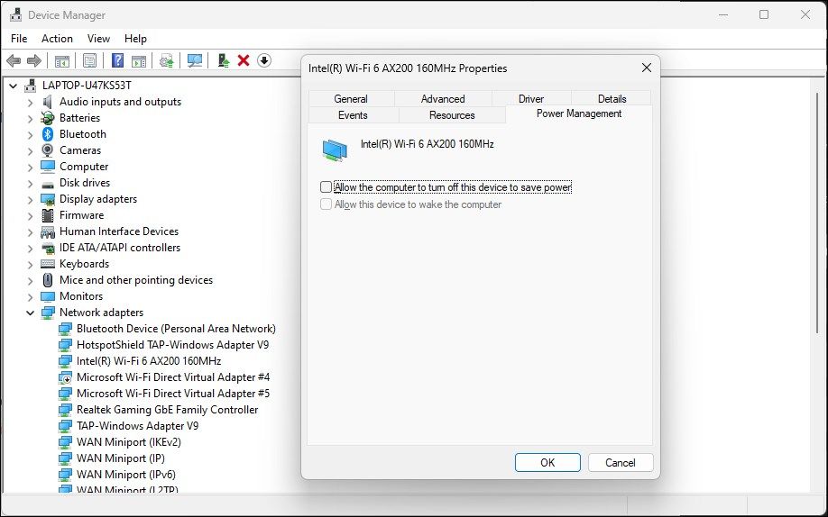деактивирайте управлението на захранването wifi адаптер Мениджър на устройства на Windows