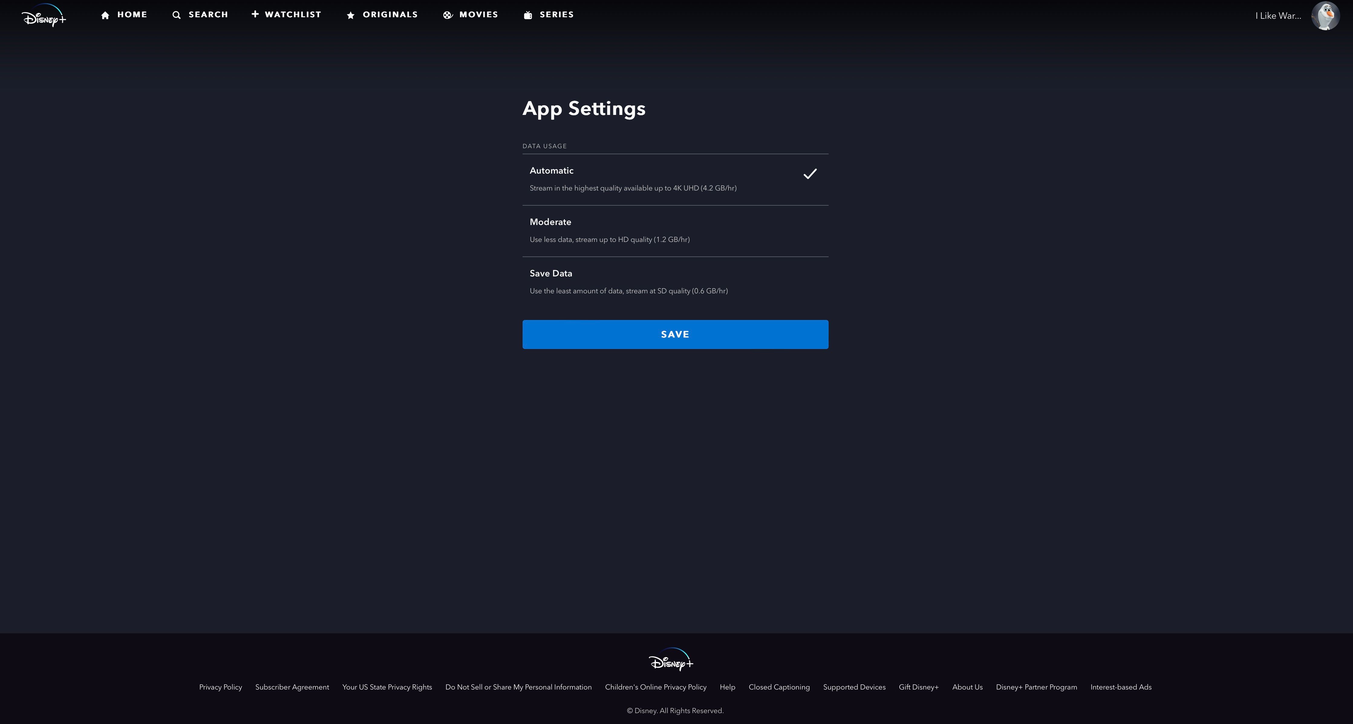 Disney+ App Settings page with save button